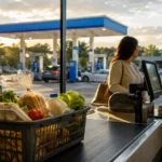 Grocery basket at a supermarket checkout with a gasoline station visible outside, illustrating July 2026 U.S. retail sales and fuel-price pressure