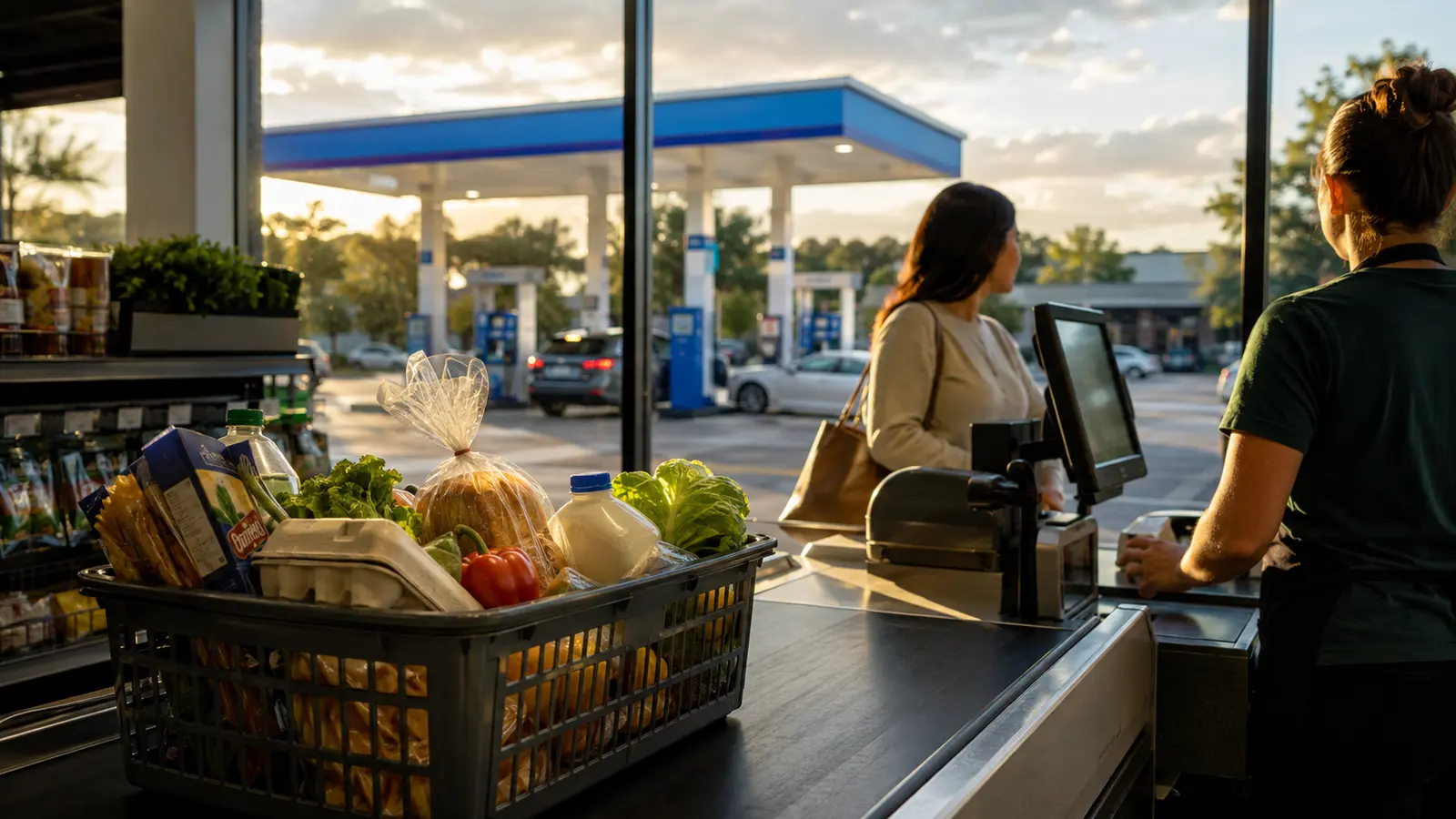 Grocery basket at a supermarket checkout with a gasoline station visible outside, illustrating July 2026 U.S. retail sales and fuel-price pressure