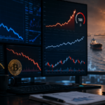 Trading screens showing falling technology stocks, $100 oil, weaker gold and Bitcoin, with oil tankers representing geopolitical risk.