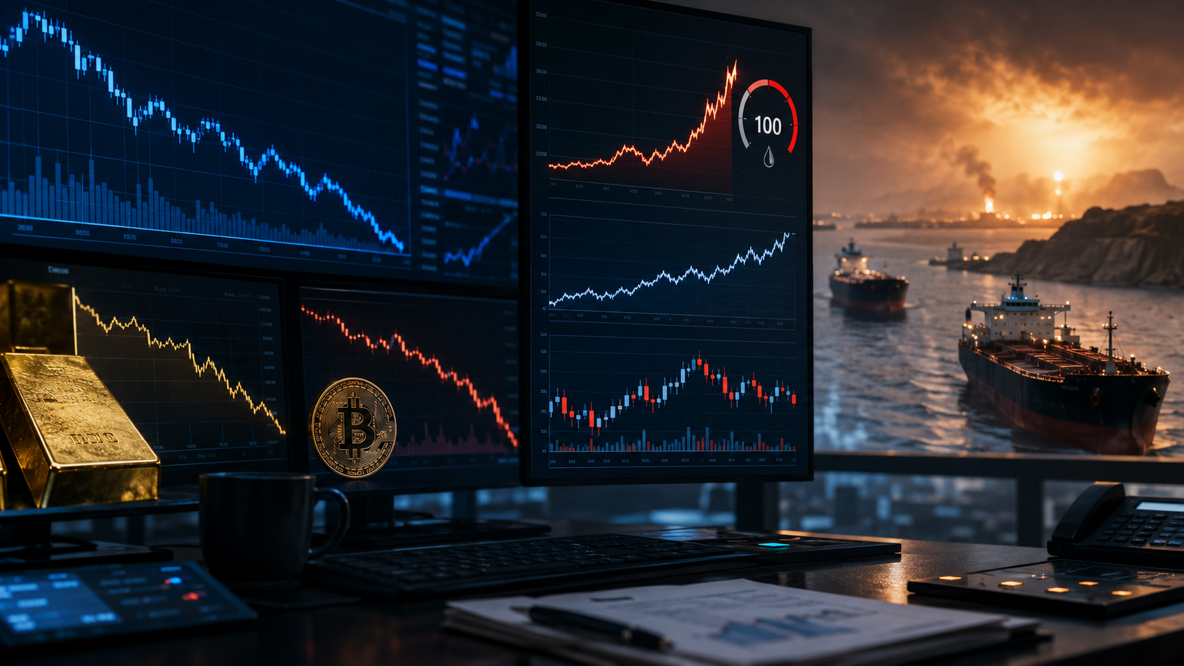 Trading screens showing falling technology stocks, $100 oil, weaker gold and Bitcoin, with oil tankers representing geopolitical risk.