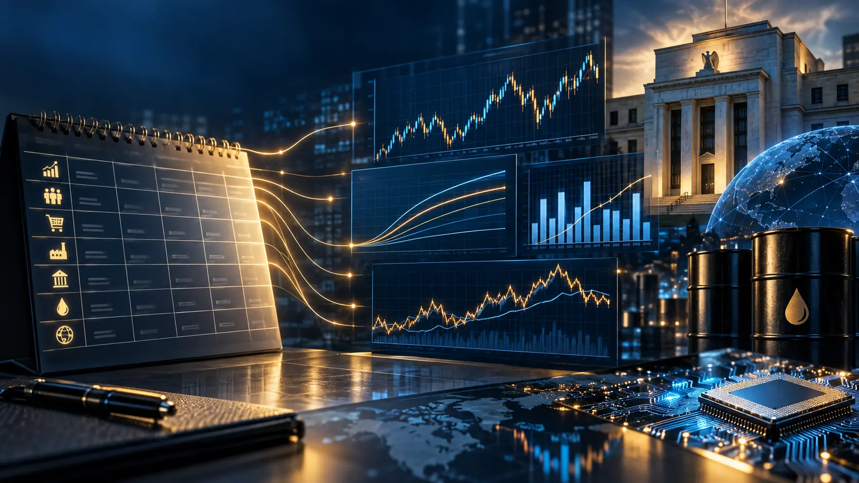 Economic calendar connected to inflation, employment, Treasury, stock-market, crude-oil and technology signals